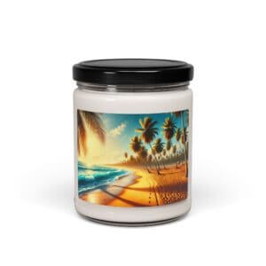 Candle jar with tropical beach design label.