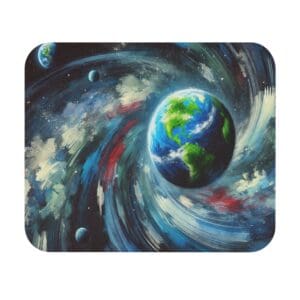 Colorful cosmic scene with swirling planets.