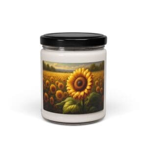 Candle jar with sunflower field label.
