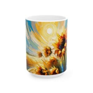 Colorful mug with abstract sunflower design.