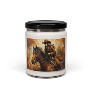 Candle jar with cowboy and horse design.