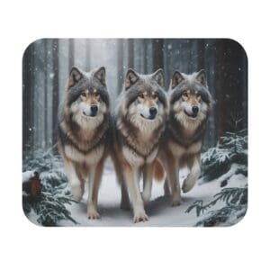 Three wolves walking in snowy forest.