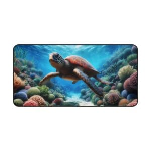 Sea turtle swimming over colorful coral reef.