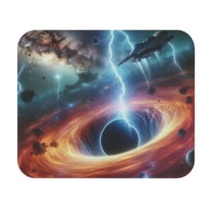 Spaceship near swirling black hole and lightning.