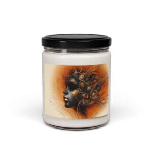 Candle jar with abstract artistic label design.