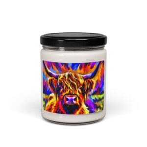 Candle with colorful highland cow design.