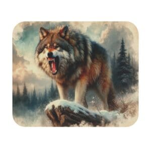 Wolf growling on snowy rock in forest.