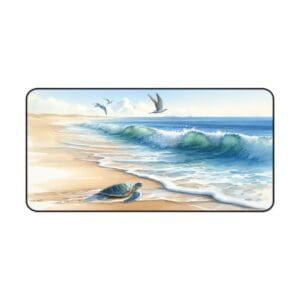 Sea turtle on beach with crashing waves.