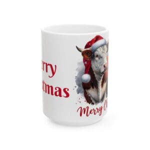 Cow in Santa hat on Christmas mug.