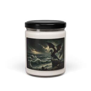 Candle jar with dragon and ocean design.