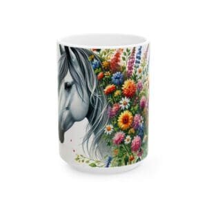 Horse mug with colorful floral design.