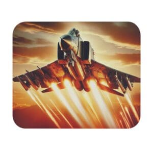 Jet fighter launching with fiery trails.