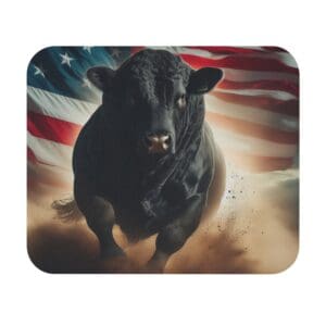 Bull charging with American flag background.
