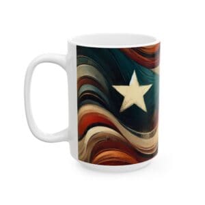 White mug with abstract star design.
