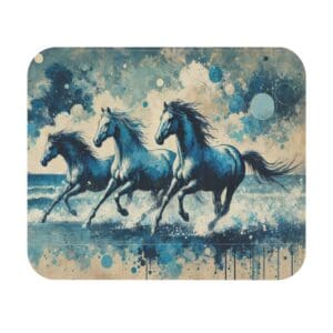Three horses running through ocean waves.