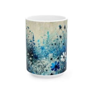 Blue floral mug with artistic design.