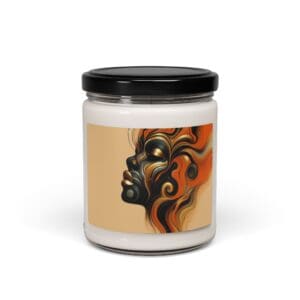 Candle jar with abstract face design.