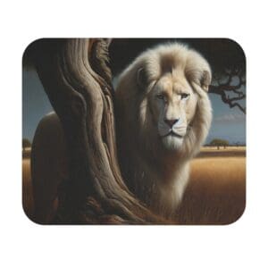 White lion standing beside a twisted tree.