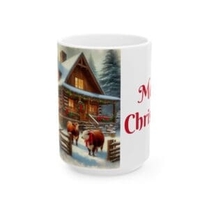 Christmas mug with snowy cabin and cows.
