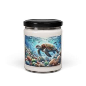 Candle jar with sea turtle illustration.