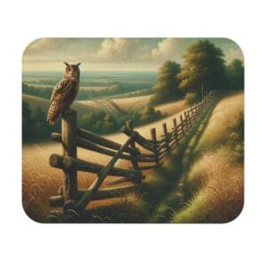 Owl perched on rustic countryside fence.