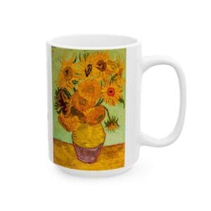 Mug featuring Van Gogh's sunflowers painting.