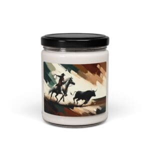 Candle jar with cowboy and bull design.