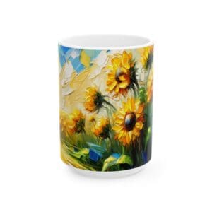 Colorful sunflower painting on a ceramic mug.
