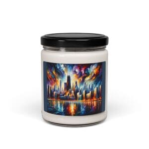 Candle jar with colorful cityscape label.