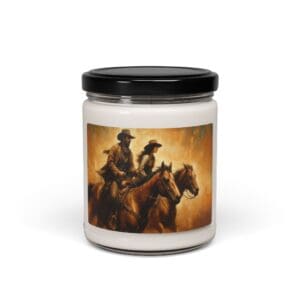 Candle jar with cowboy horse illustration.