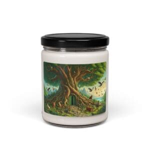 Candle jar with mystical tree design.