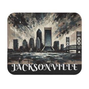 Jacksonville skyline with bridge and skyscrapers.