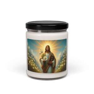 Religious candle with angelic figure illustration.