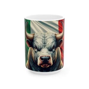 Bull with Italian flag on mug.