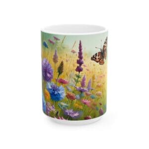 Butterfly and wildflowers on decorative mug.