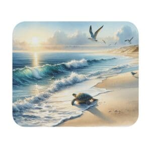 Sunrise beach with turtle and seagulls.