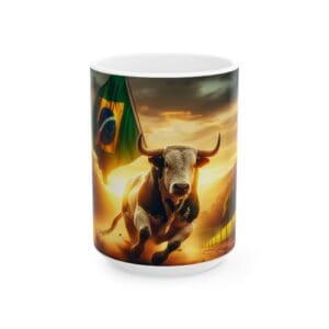 Bull running with Brazilian flag background.