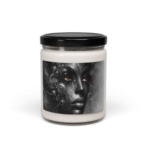 Candle jar with abstract face design label.