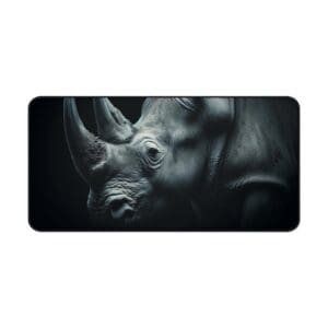 Close-up of a rhinoceros in darkness.