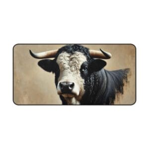 Black and white bull with curved horns.