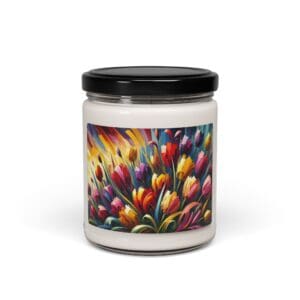 Jar candle with colorful floral design.