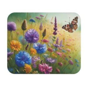 Butterfly among colorful wildflowers in meadow.
