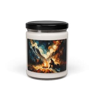 Candle jar with colorful abstract bear design.