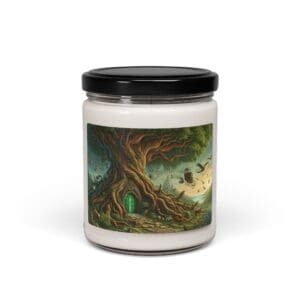 Candle jar with tree and door design.
