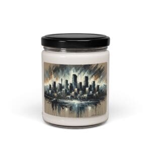 Candle jar with city skyline design.