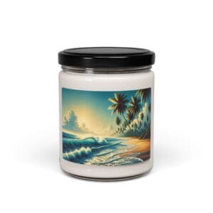 Decorative candle with beach scene label.