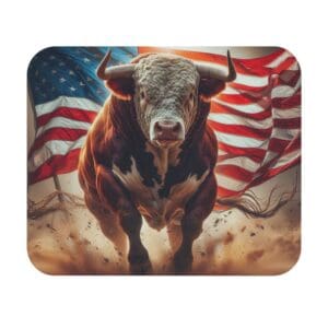 Bull charging with American flag background.