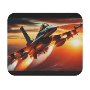 Fighter jet flying at sunset with afterburners.