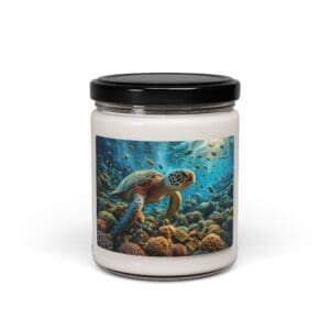 Candle jar with sea turtle design.