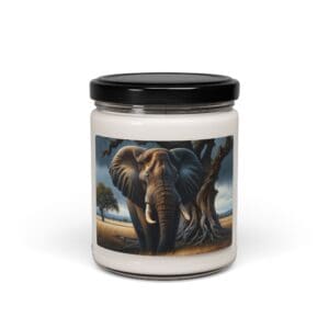 Elephant-themed candle jar with black lid.